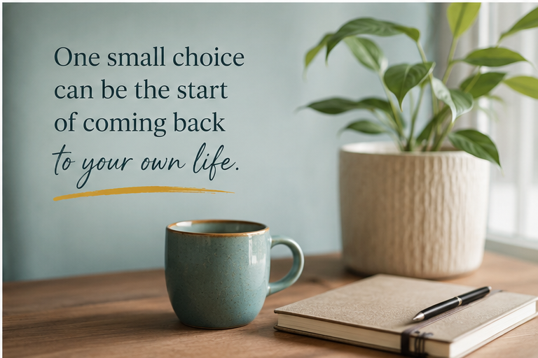 Calm desk scene with a cup, plant, notebook, and text saying, “One small choice can be the start of coming back to your own life.”