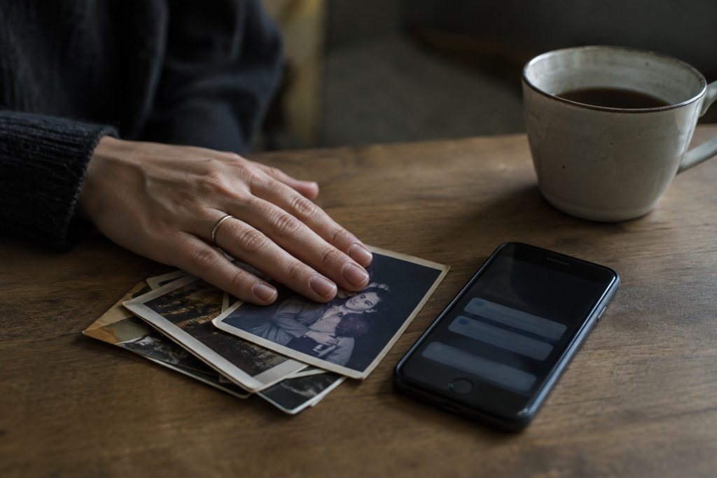 Memories Can Pull You Back Hand resting on old photographs beside a smartphone, reflecting memories and longing after addiction has changed a relationship.