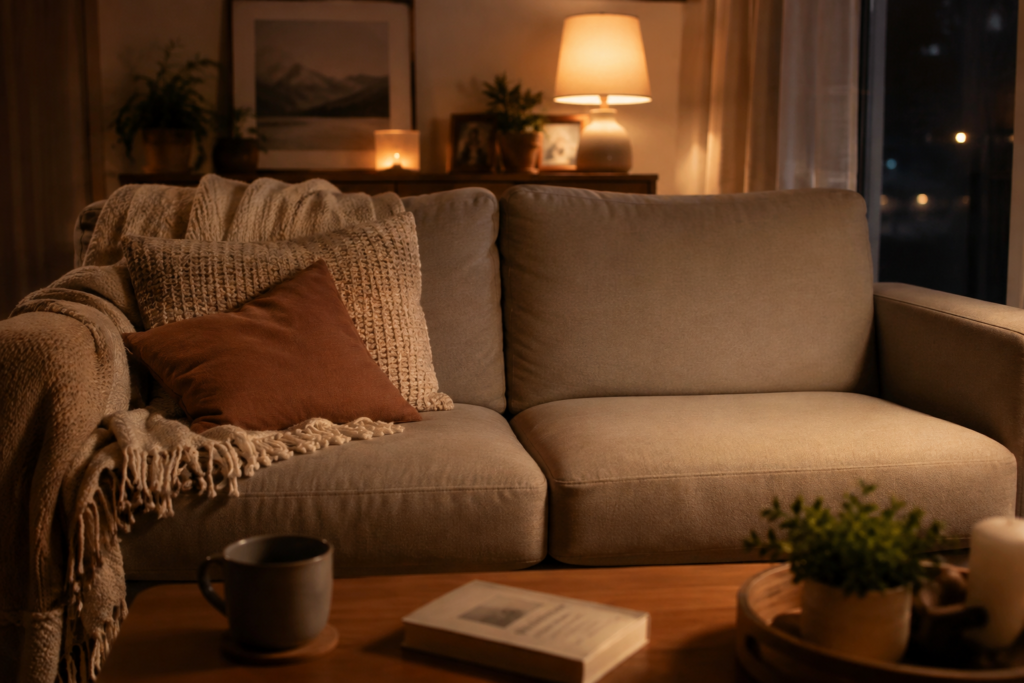 Missing the Life You Expected Warm living room with an empty space on the couch, representing absence, companionship and the future once imagined together.