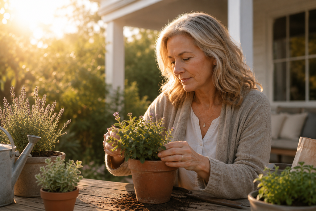 Tending to Your Own Life Middle-aged woman repotting flowering plants at a sunny outdoor table.