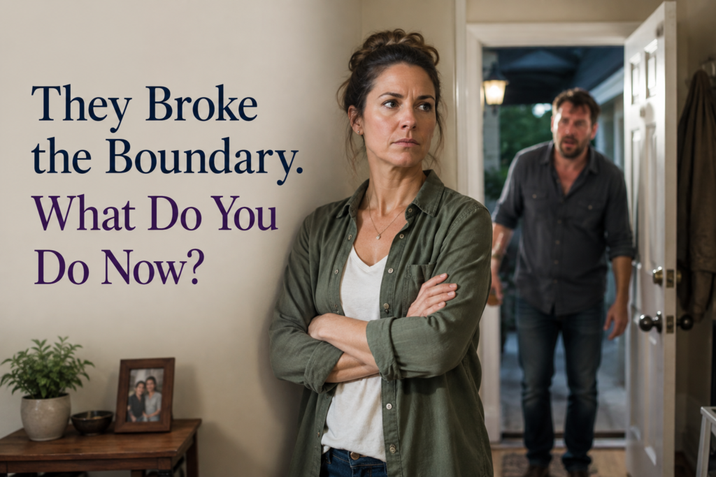 Woman standing firm with arms crossed as a distressed man enters through the doorway, illustrating what happens when a boundary is crossed in a relationship affected by addiction.