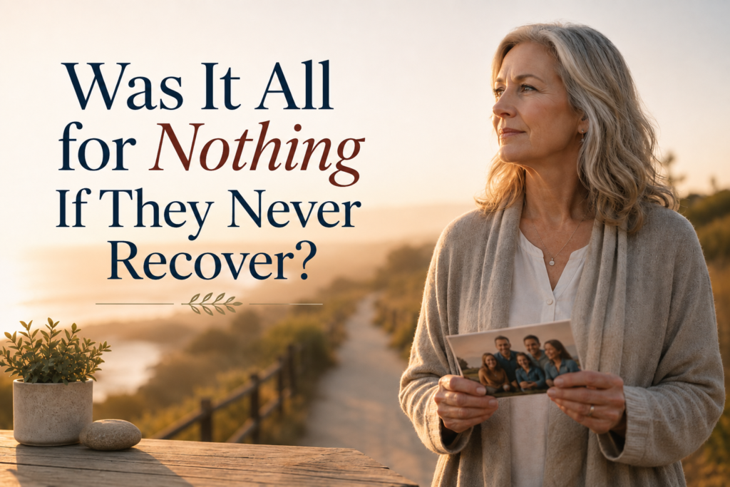 A thoughtful middle-aged woman stands by a coastal path at sunset holding a family photo, beside the title “Was It All for Nothing If They Never Recover?”