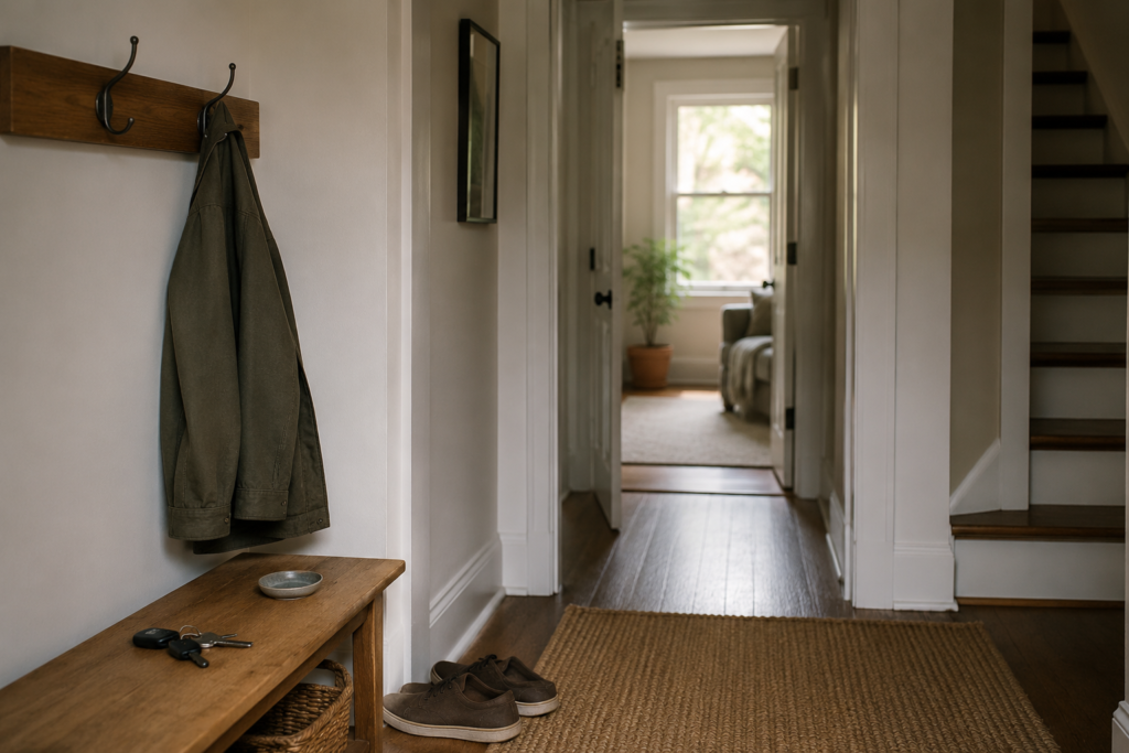 What Changes From Here? Quiet home entryway with a jacket, empty coat hook, keys and shoes, representing change, distance and choices about what happens next.